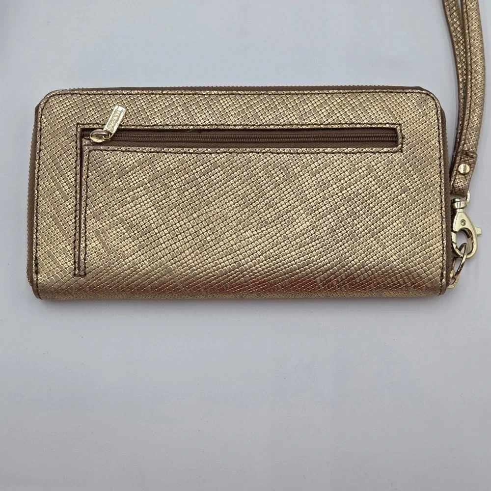 Fossil Logan Zip Around Clutch Wallet Metallic Gold Snake Embossed 8